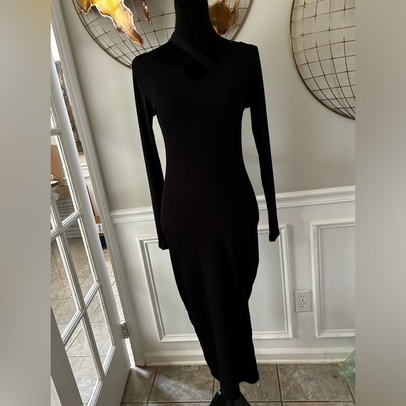 Women's Long Sleeve Crisscross Halter V-Neck Bodycon Split Midi Dress - Picture 8 of 11